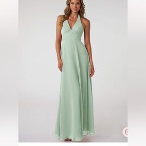 Azazie TESSIE halter top chiffon formal dress in Agave size 6